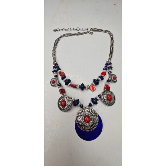 Ruby Rd Doulbe Strand Red Blue & Silver Faux Pearl Beaded Necklace 18"L - Picture 7 of 7